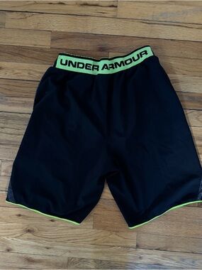 Under Armour Men’s Black Athletic Shorts with Neon Green Waistband